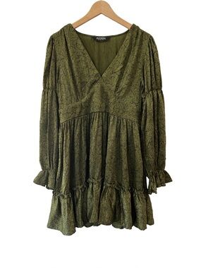 Disturbia Arda Virago Puff Sleeve Mini Dress Olive black 10 goth gremlincore